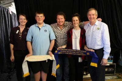 School Category winners Joel Bretag, Lucindale Area School, and Aimee Gladigau, Bulla Burra, with AgCommunicators Sarah McDonnell, Grains Ambassador Andrew 'Cosi' Costello and SAGIT's Malcolm Bucky.