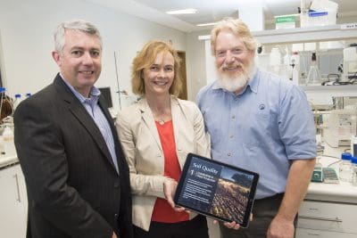 UWA’s professor Daniel Murphy and associate professor Frances Hoyle with Chris Gazey, from the Department of Agriculture and Food WA. Photo: DAFWA