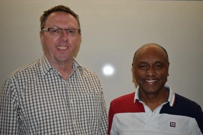 USQ Centre for Crop Health director and professor of plant pathology, Gavin Ash, with University of Manitoba professor of plant pathology and biotechnology, Dilantha Fernando.