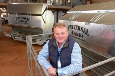 Ross Walker with mobile Universal Feeder saliva-lick feeders at his display at the Queensland Beef Expo in Toowoomba.
