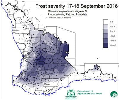 Minimum Stephenson’s screen air temperatures in WA wheatbelt for September 17-18, 2016. Image: Fiona Evans, DAFWA.