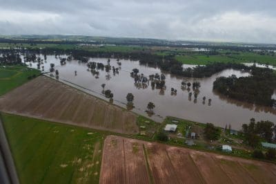 Aerial image of flood affected properties near Forbes in Central West NSW. Image: Forbes Shire Council.