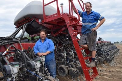 Grassdale farming manager, Matt Waye, and operations supervisor, Sam Banks, with the new planter.