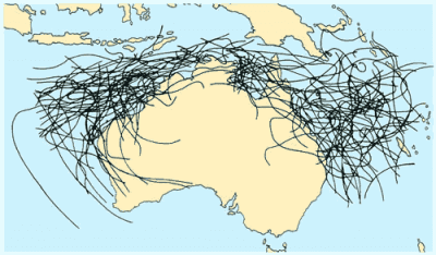 Past cyclone tracks over Australia. Source: BOM