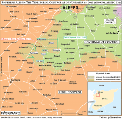 Map showing ICARDA's location south-west of Aleppo in northern Syria, and the positions of the warring parties a year ago. (Click on map to enlarge) Sources: Al-Manar, SOHR, SANA, Al-Masdar News, Independent Observers.