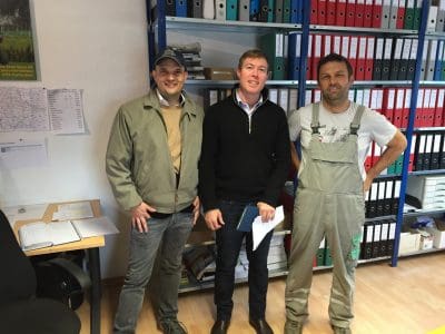 Jock Graham with Thomas Estermann and a farm hand from Estermann contracting in Switzerland.