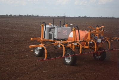 SwarmFarm driverless, automated robot set up for spot spraying.