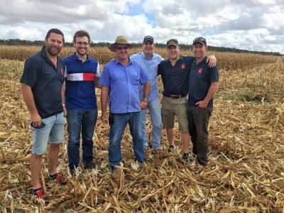 Adam McVeigh (second from right) and other Nuffield Scholars observing the corn harvest in Brazil.