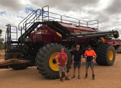 Seed Hawk product specialist, Daryl Francis, Väderstad project manager, Gunnar Blackert, and CLAAS Harvest Centre Seed Hawk product manager, Marc Nesbit, testing the new metering system in Western Australia.