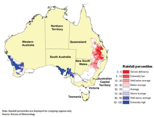 Map: Australian rainfall percentiles, 1 November 2016 to 31 January 2017.